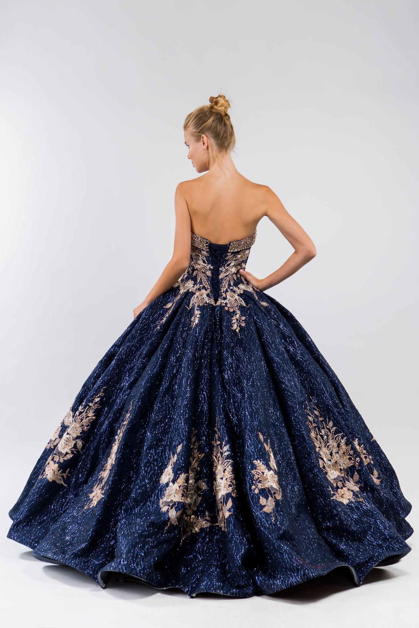 Quinceanera Floral Glitter Long Strapless Dress