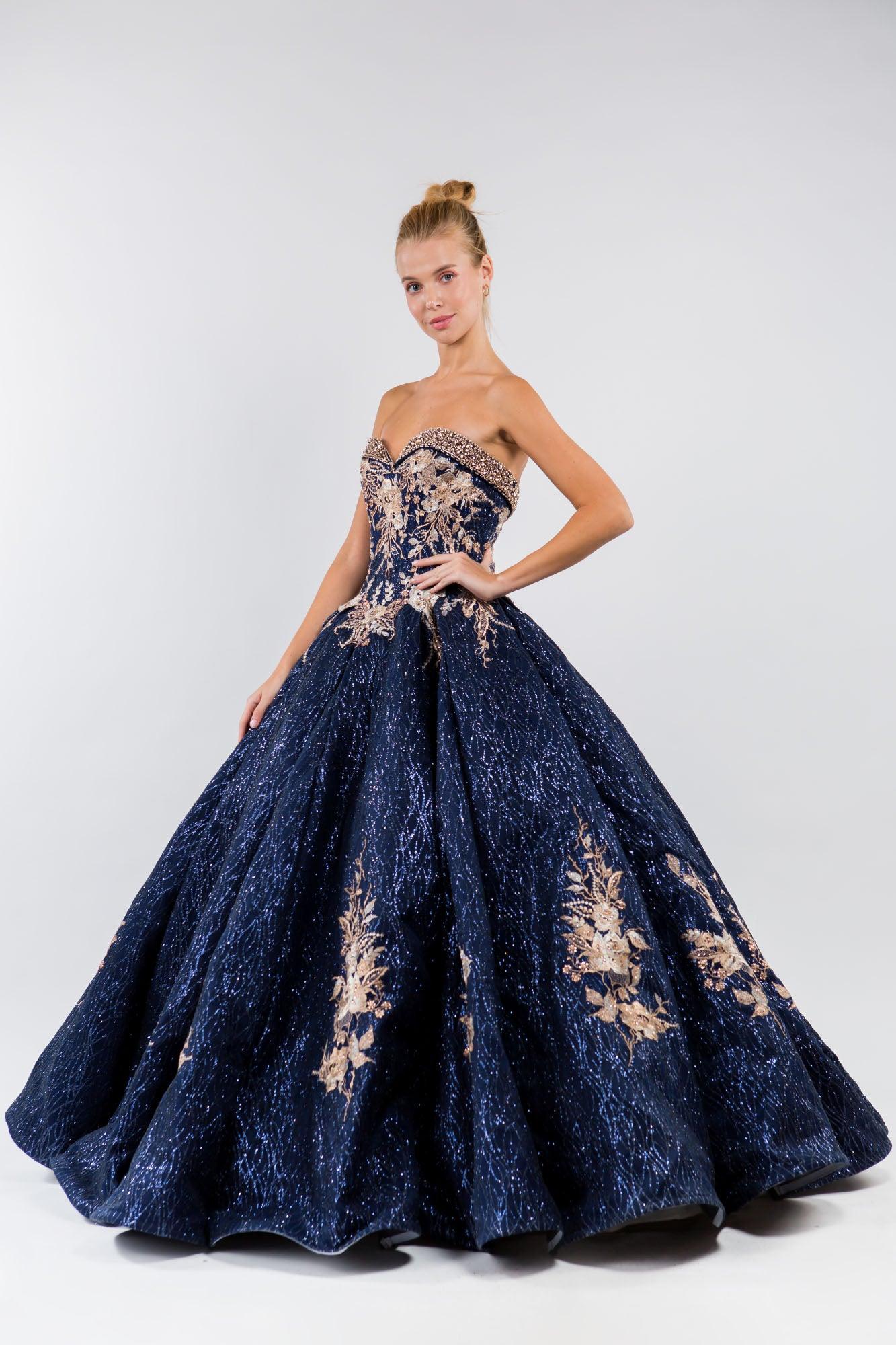 Quinceanera Floral Glitter Long Strapless Dress