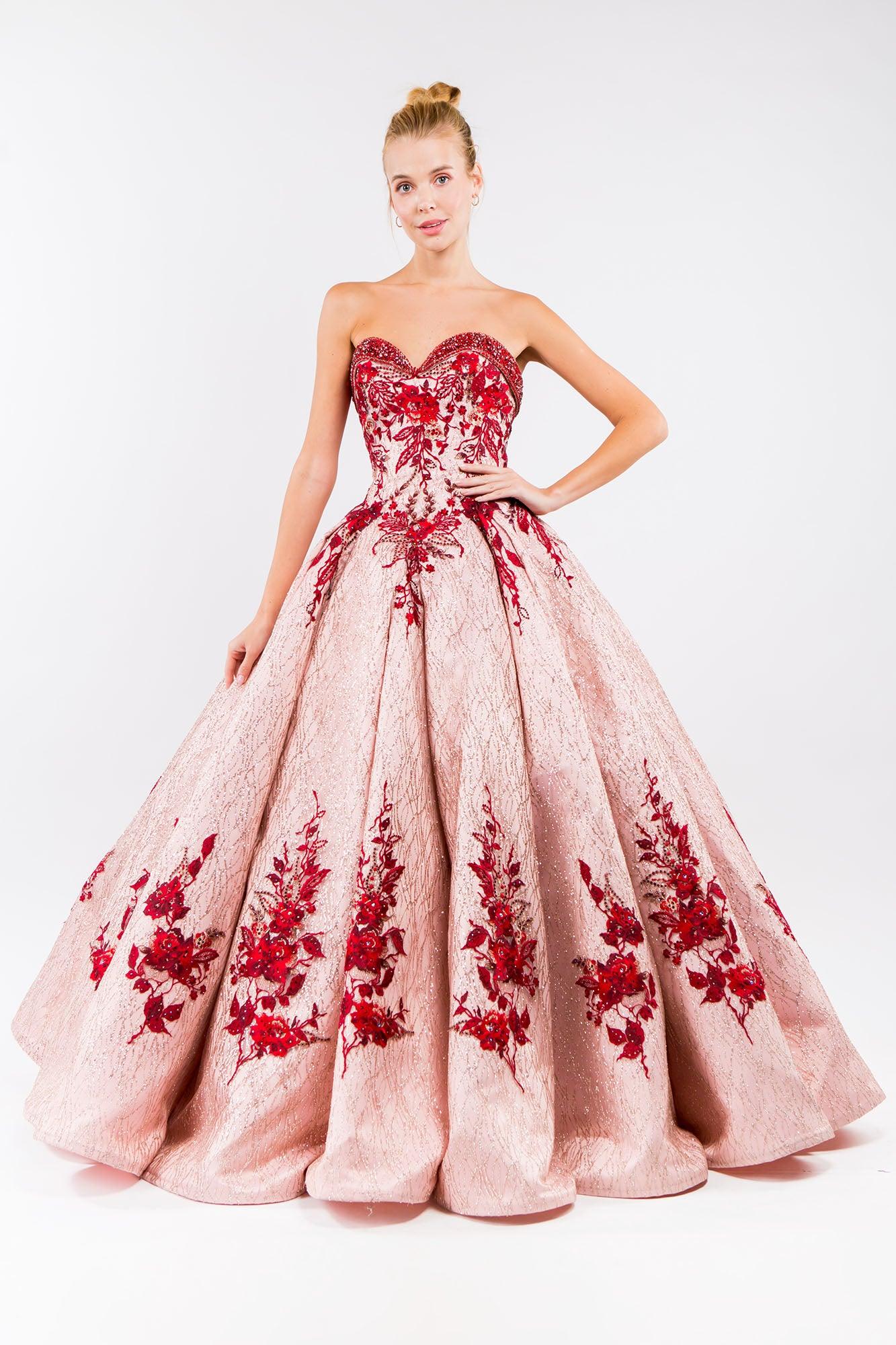 Quinceanera Floral Glitter Long Strapless Dress - The Dress Outlet