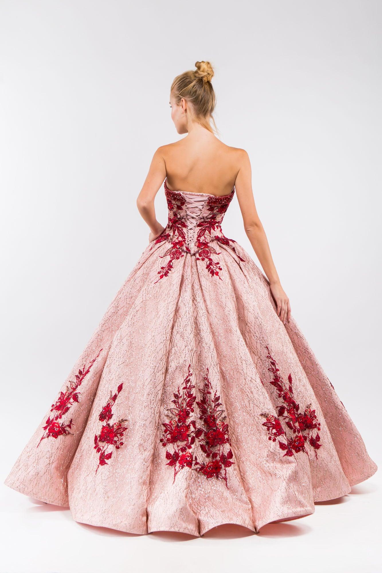 Quinceanera Floral Glitter Long Strapless Dress