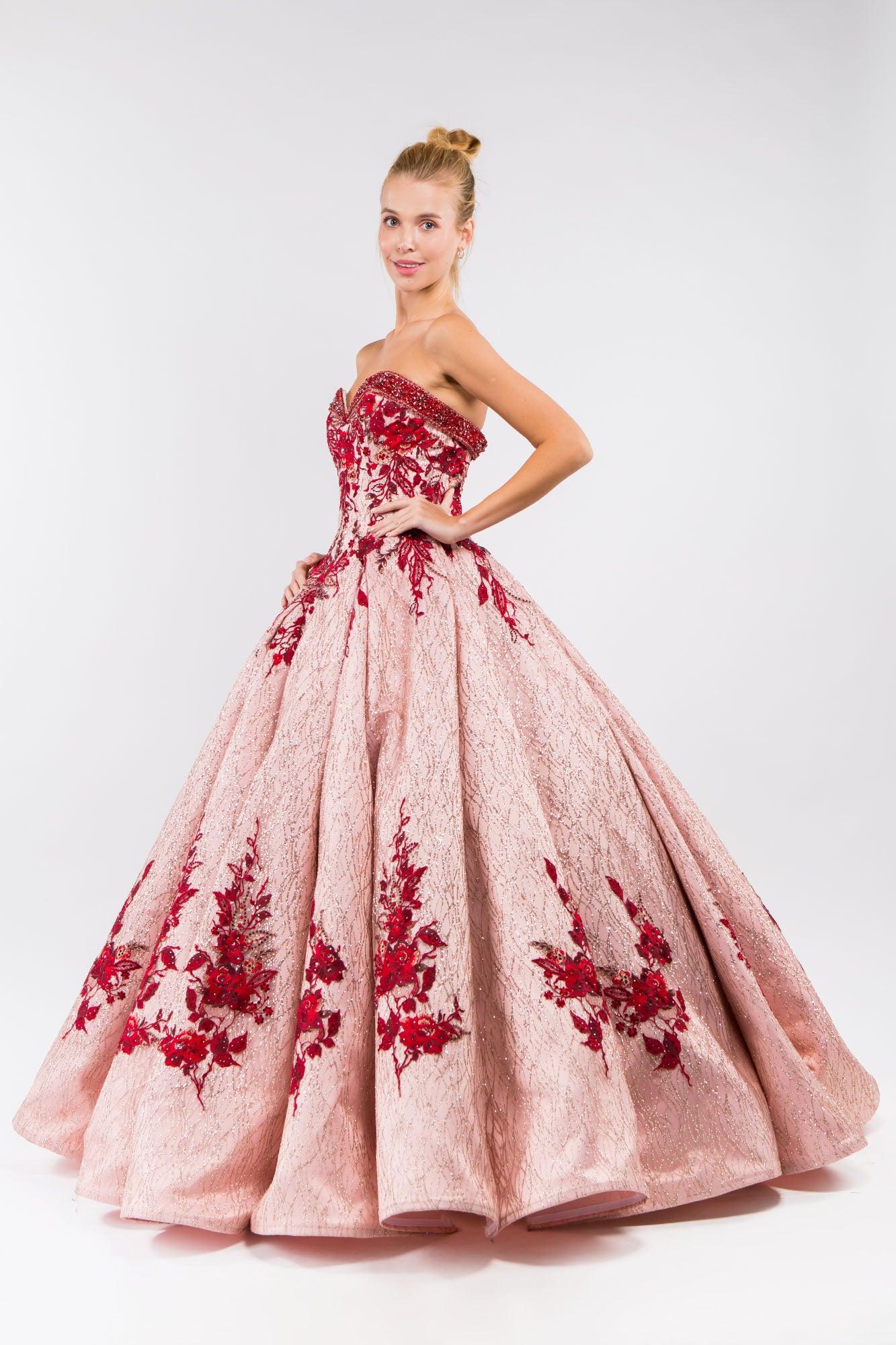 Quinceanera Floral Glitter Long Strapless Dress