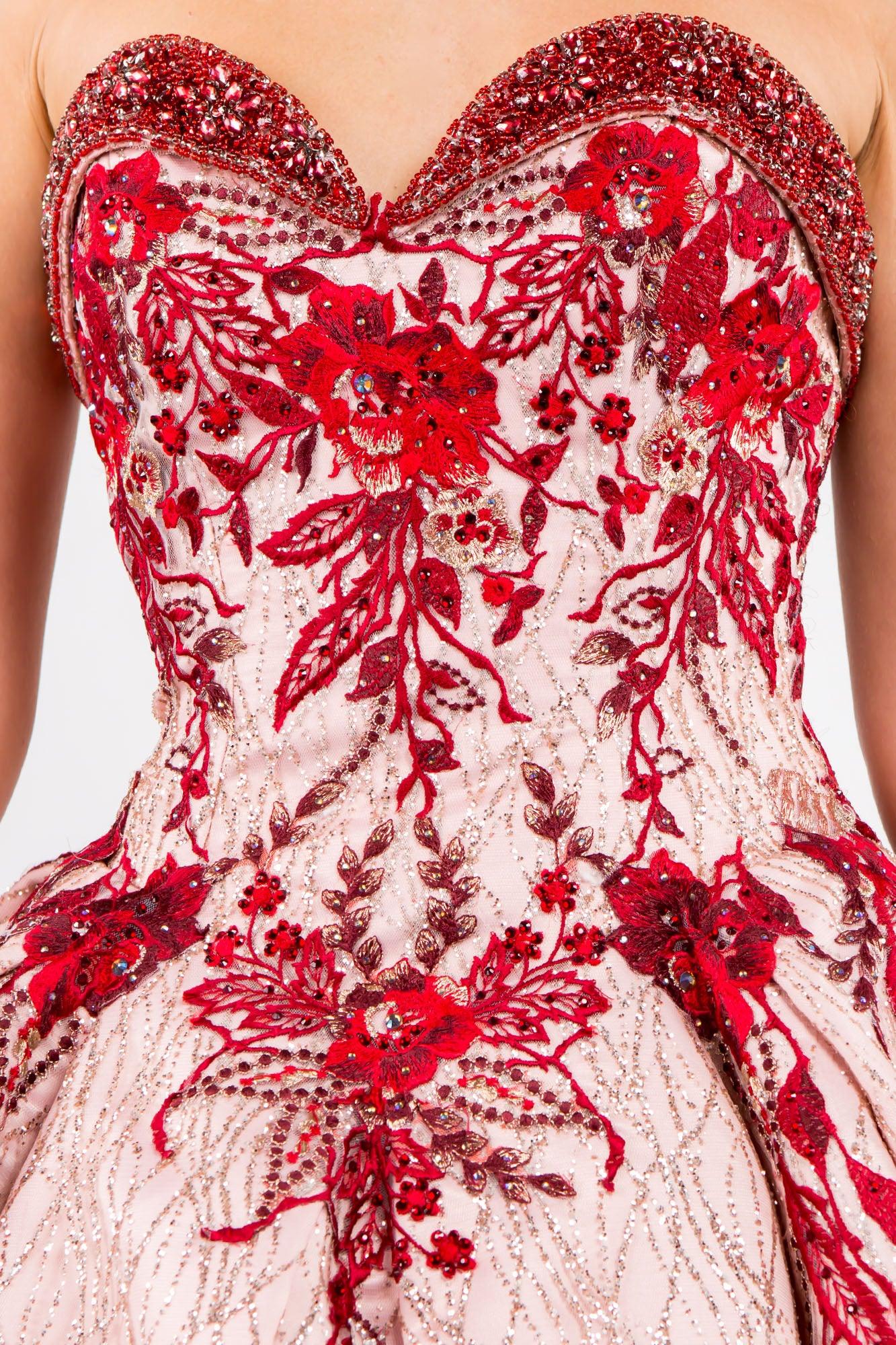 Quinceanera Floral Glitter Long Strapless Dress