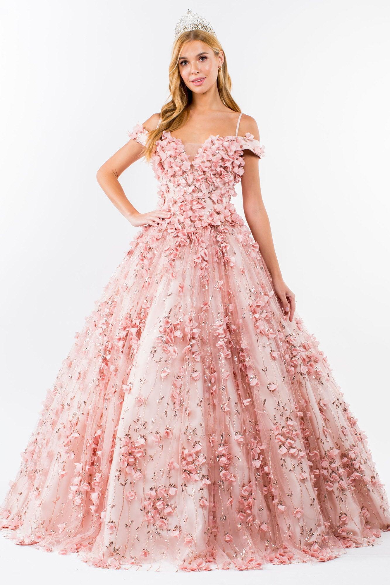 Quinceanera Long Floral Off-Shoulder Gown - The Dress Outlet