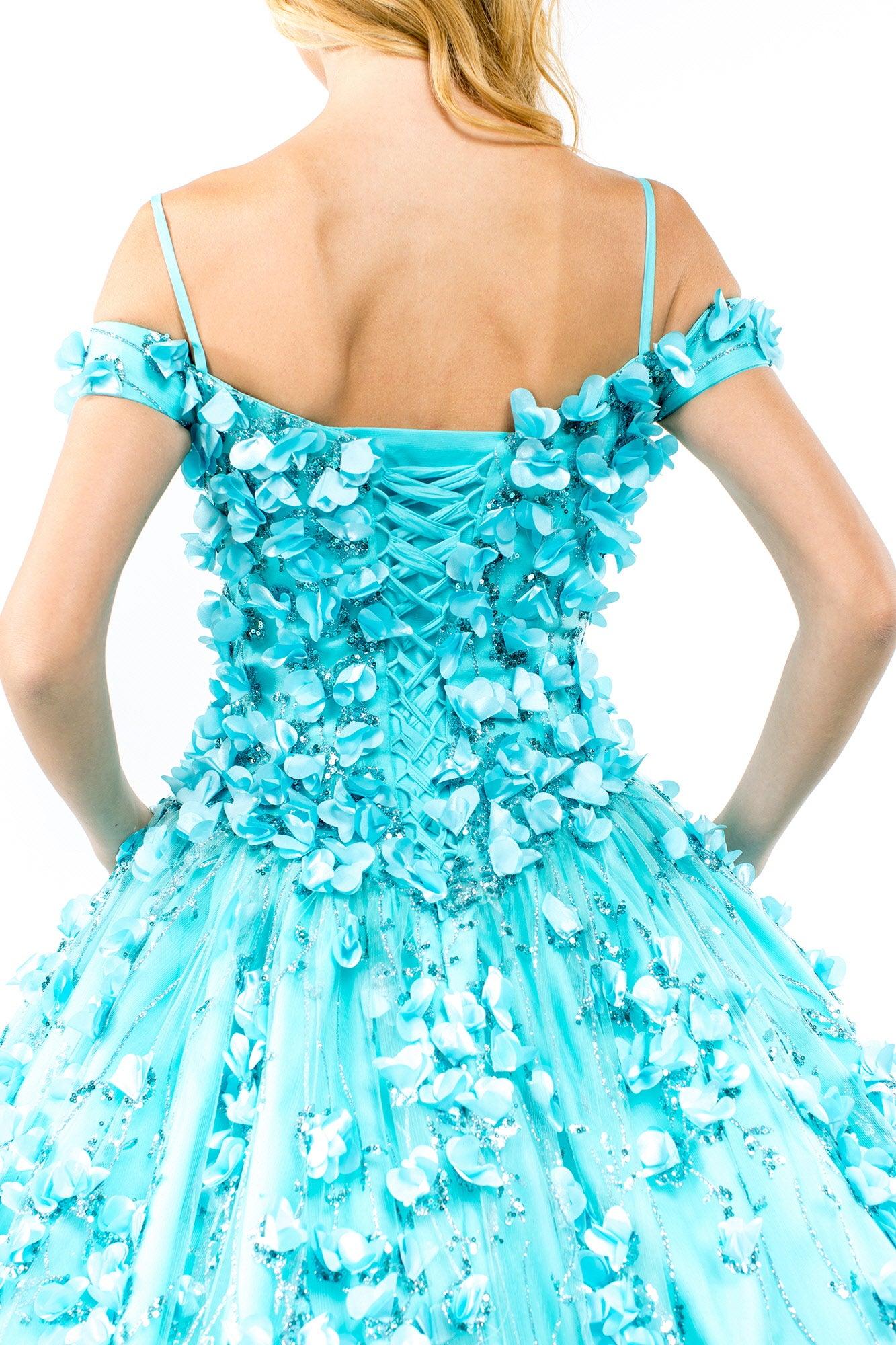 Quinceanera Long Floral Off-Shoulder Gown - The Dress Outlet