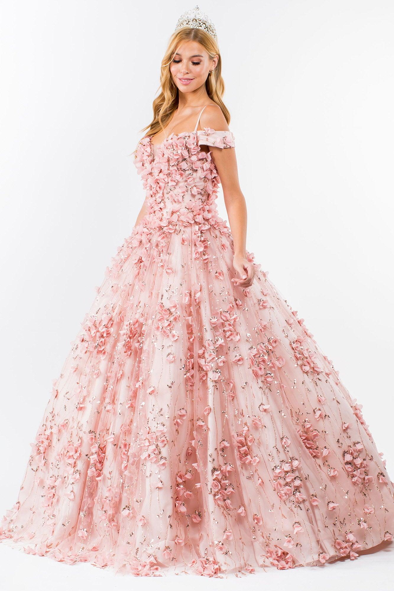Quinceanera Long Floral Off-Shoulder Gown - The Dress Outlet