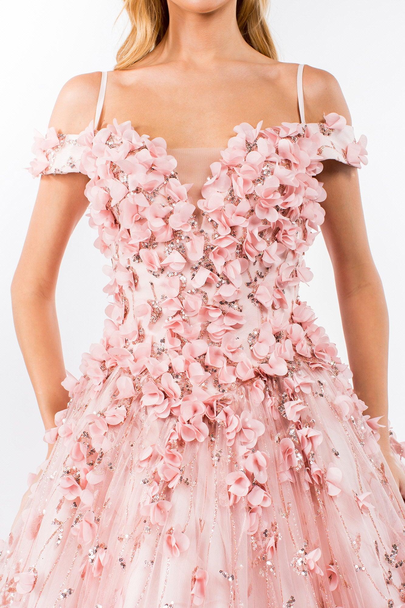 Quinceanera Long Floral Off-Shoulder Gown - The Dress Outlet
