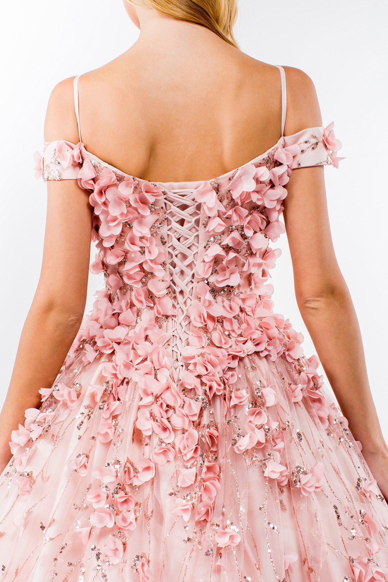 Quinceanera Long Floral Off-Shoulder Gown - The Dress Outlet