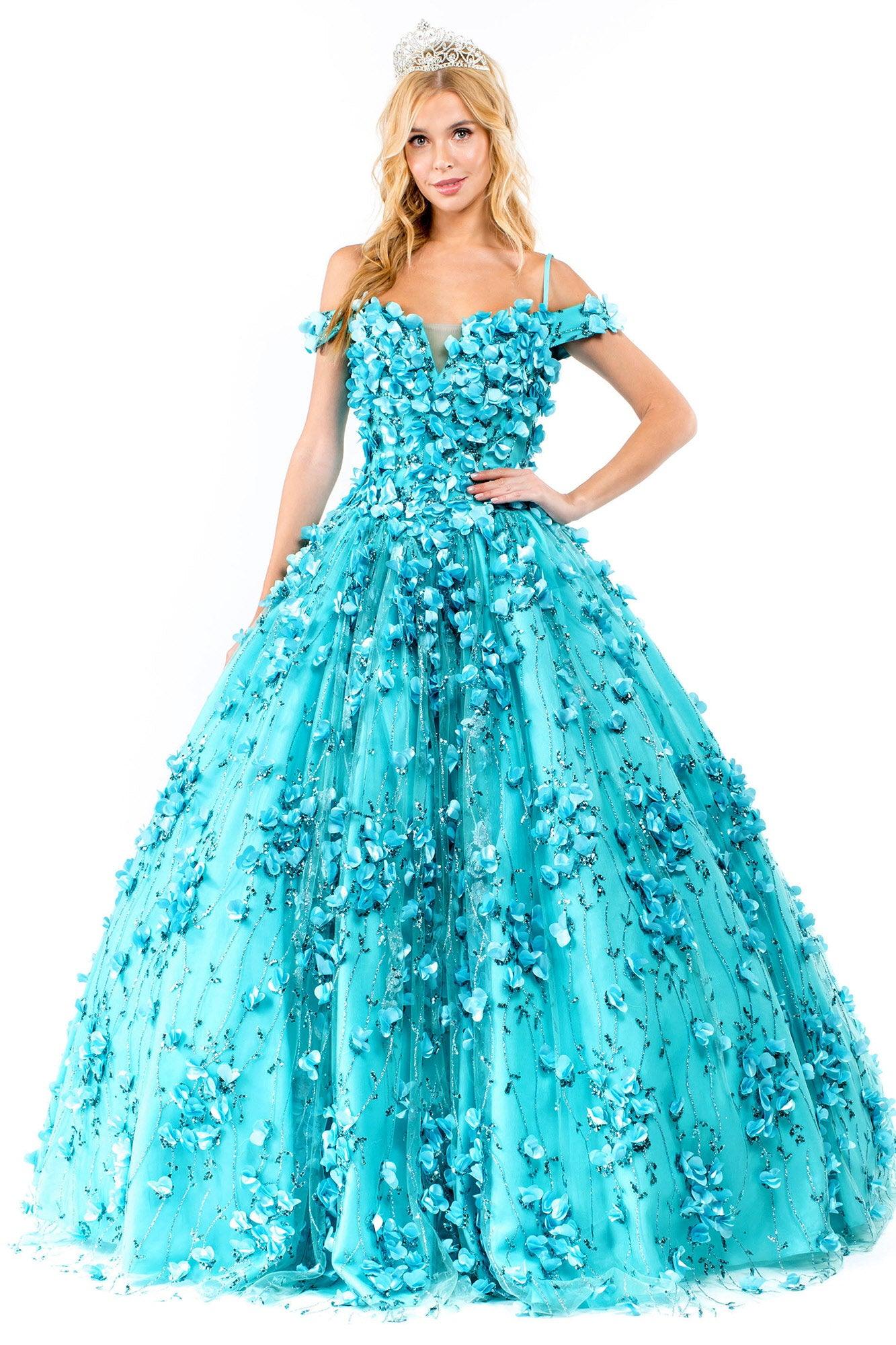 Quinceanera Long Floral Off-Shoulder Gown - The Dress Outlet