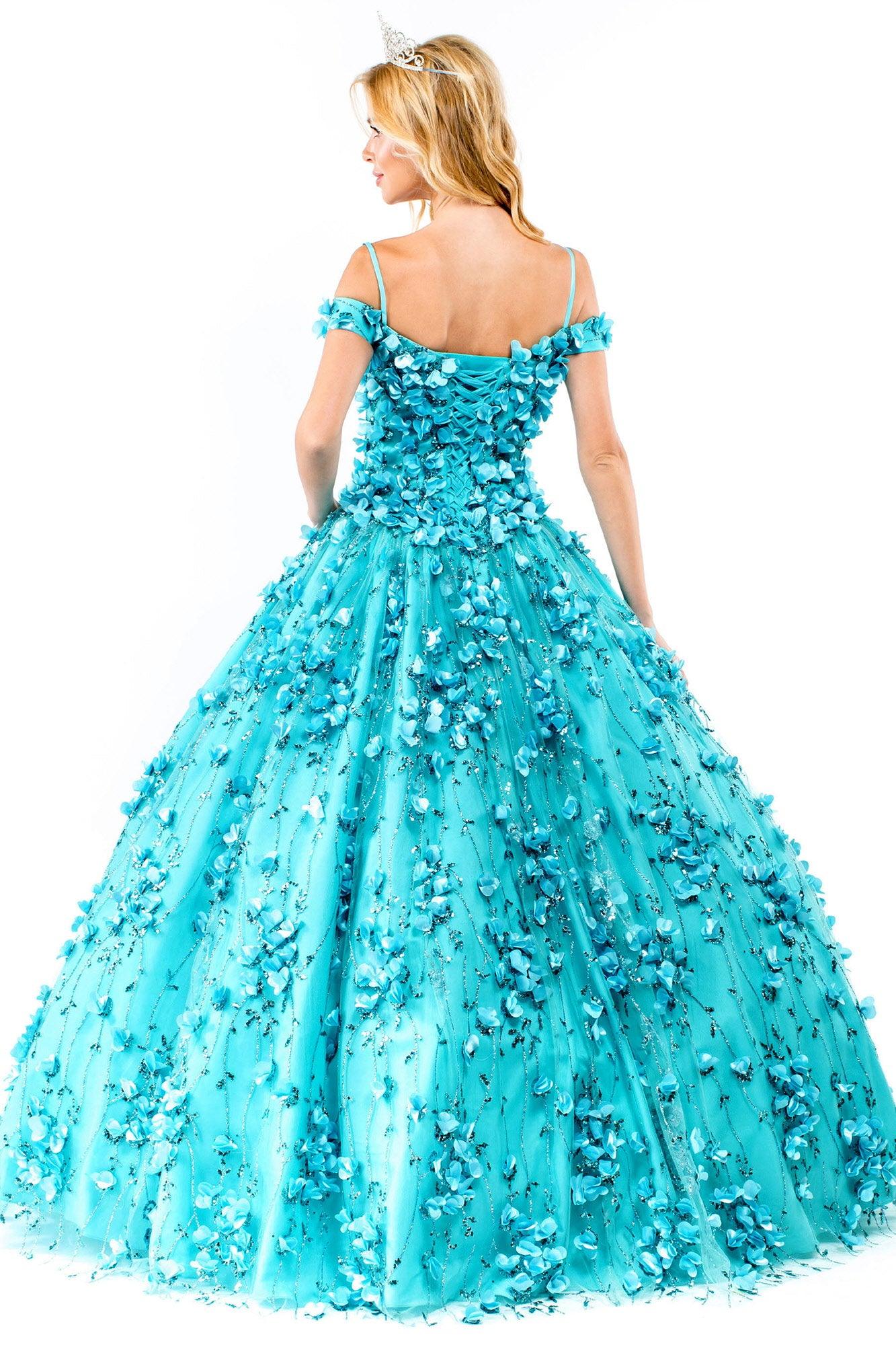 Quinceanera Long Floral Off-Shoulder Gown - The Dress Outlet