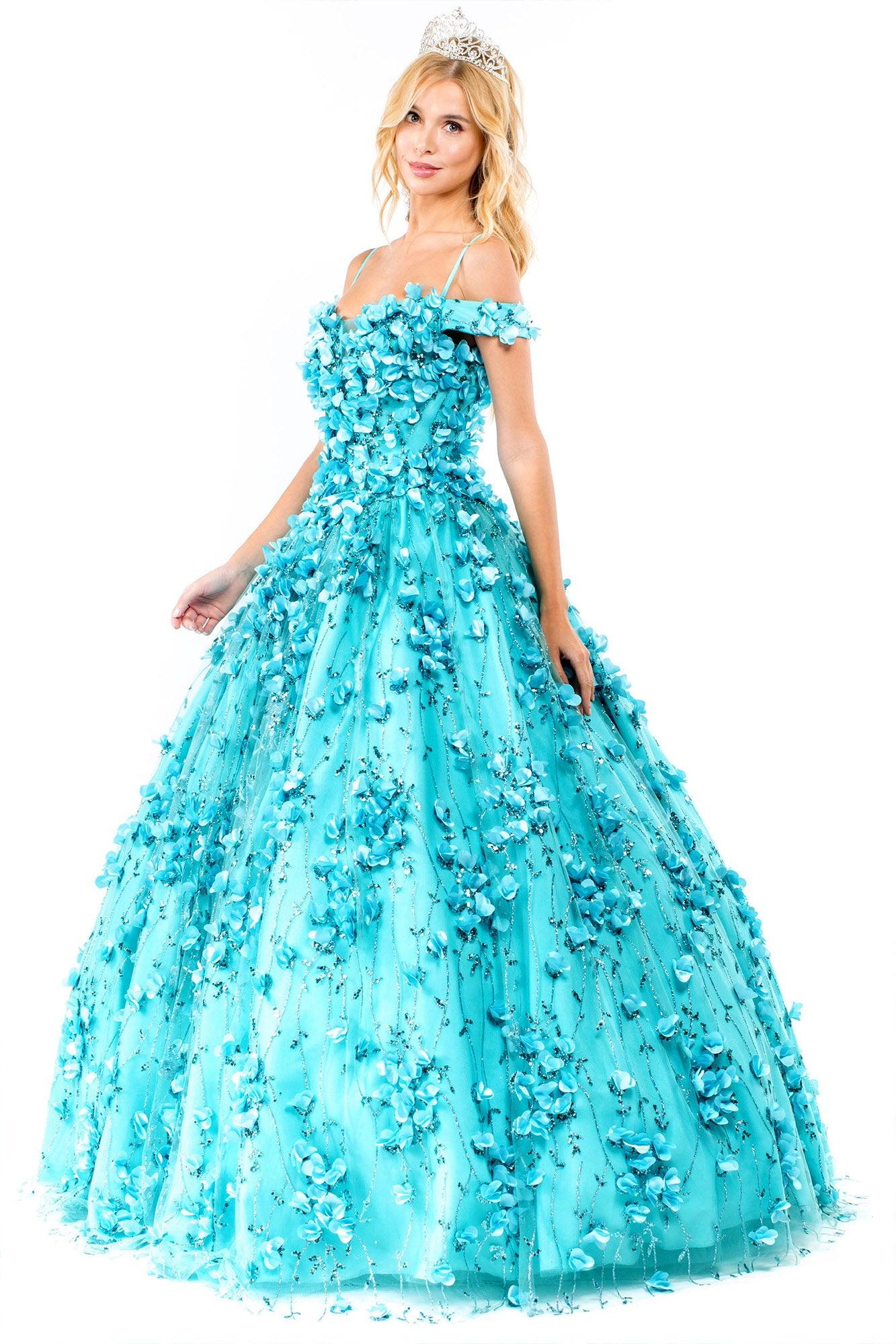 Quinceanera Long Floral Off-Shoulder Gown - The Dress Outlet