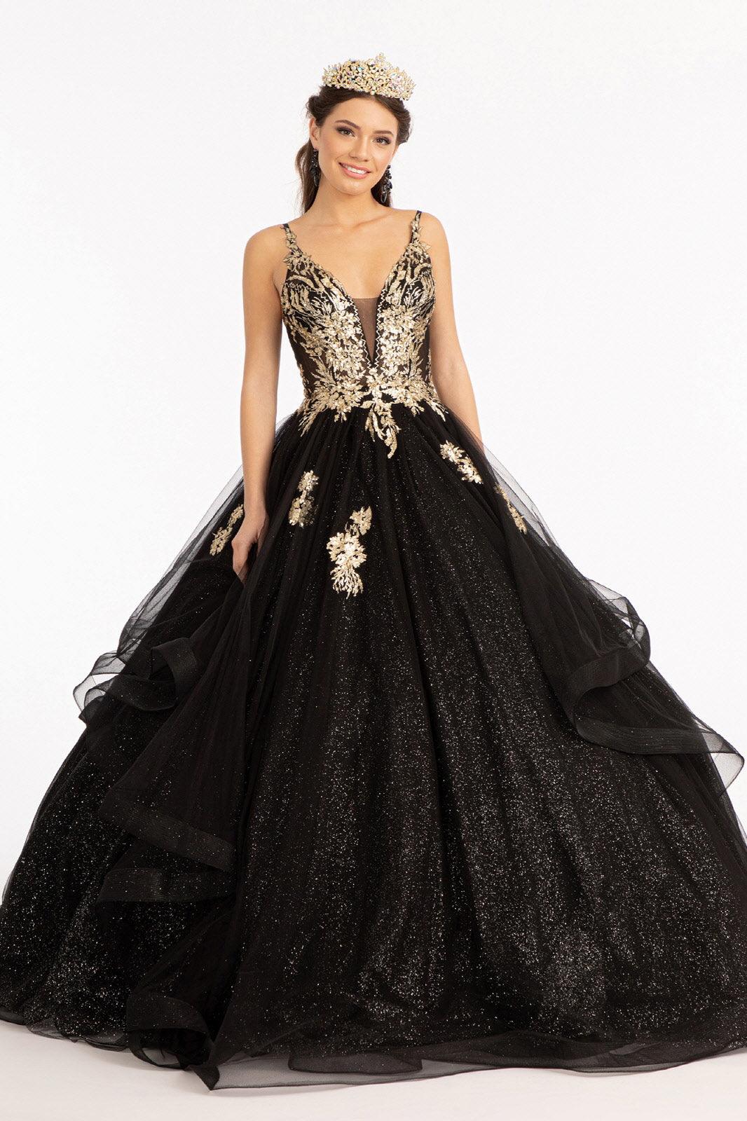 Quinceanera Long Spaghetti Strap Glitter Ball Gown - Black / XL Quinceanera Long Spaghetti Strap Glitter Ball Gown - Black / XL