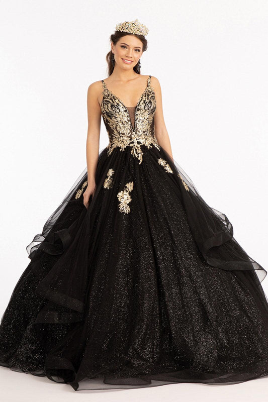 Quinceanera Long Spaghetti Strap Glitter Ball Gown - The Dress Outlet