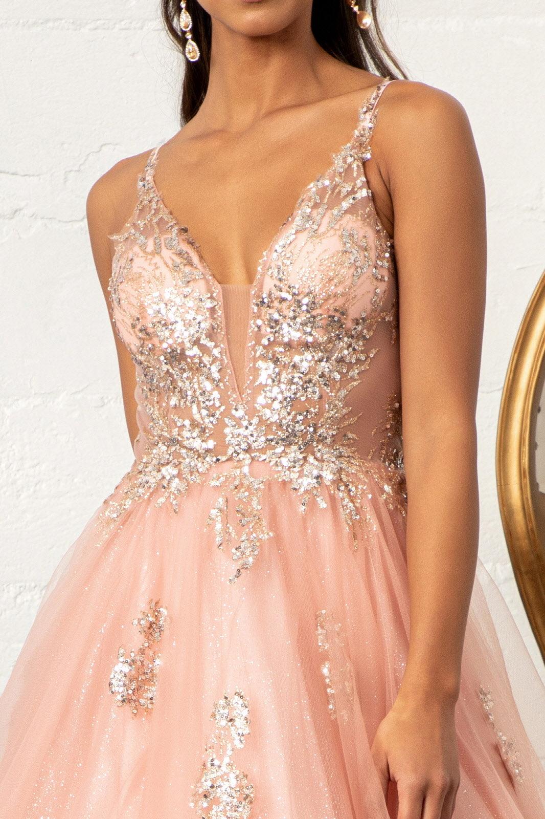 Quinceanera Long Spaghetti Strap Glitter Ball Gown