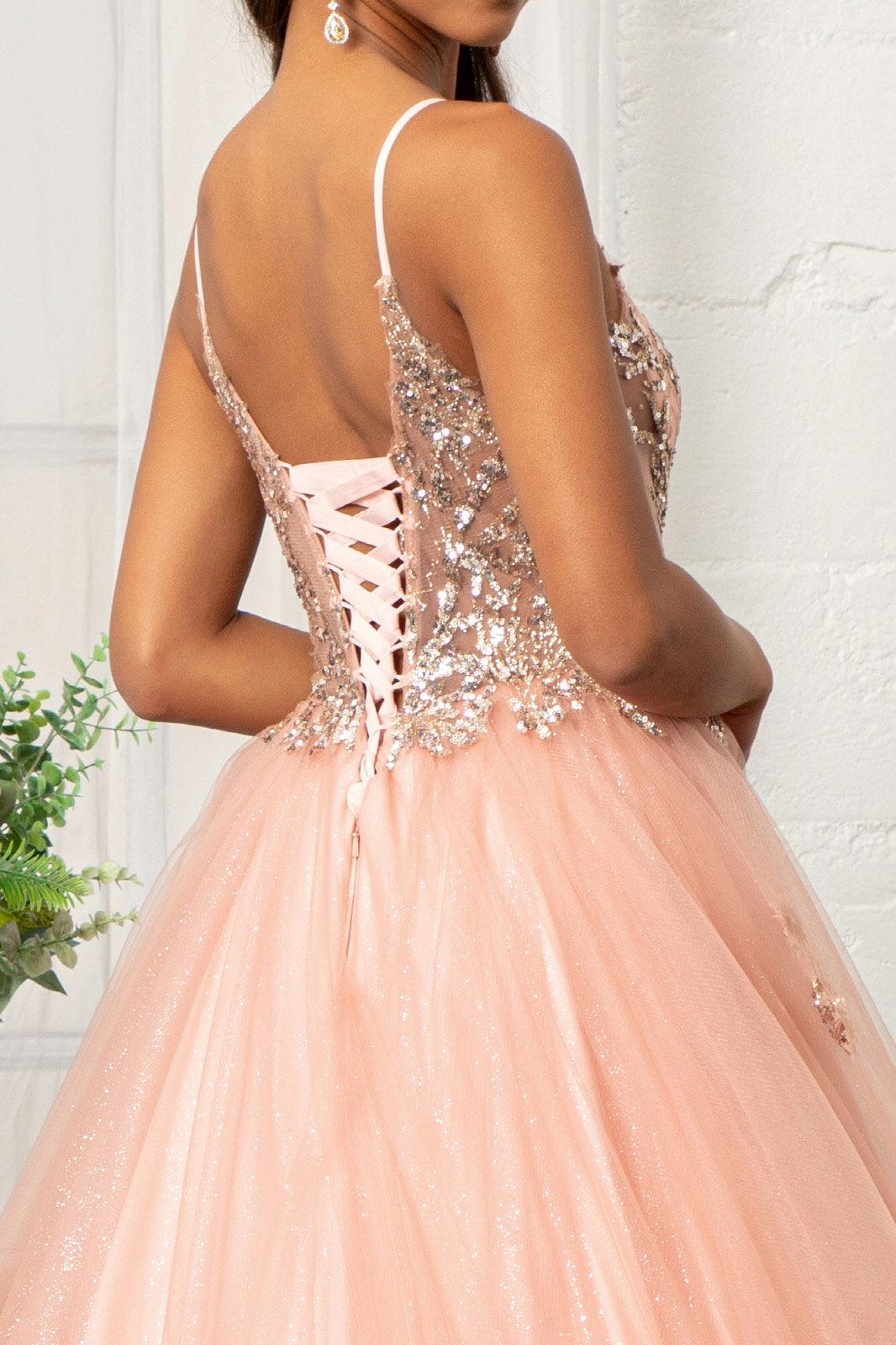 Quinceanera Long Spaghetti Strap Glitter Ball Gown