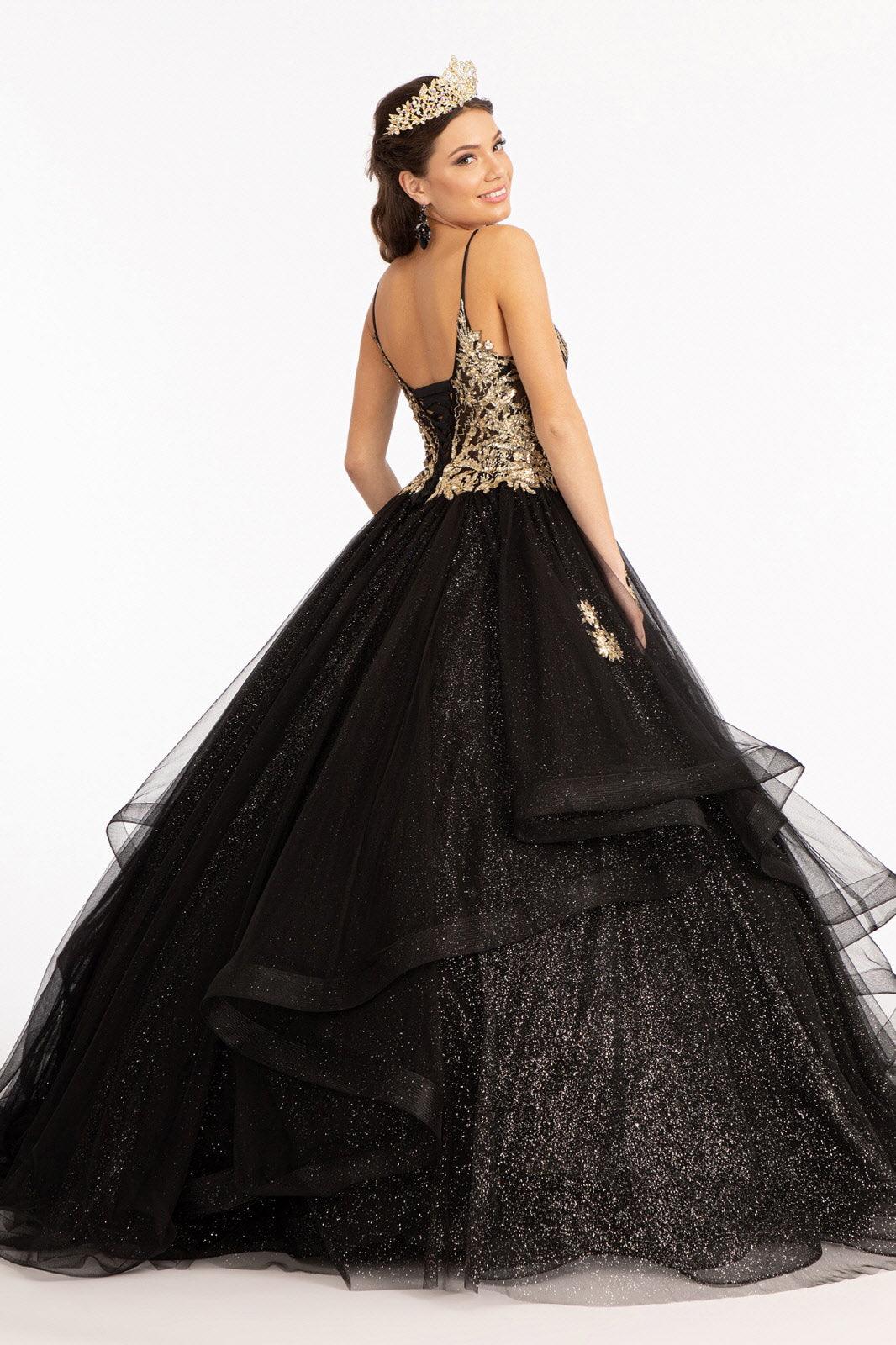Quinceanera Long Spaghetti Strap Glitter Ball Gown