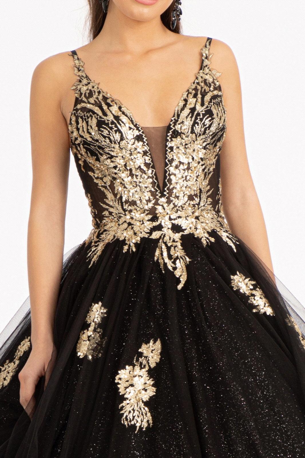 Quinceanera Long Spaghetti Strap Glitter Ball Gown