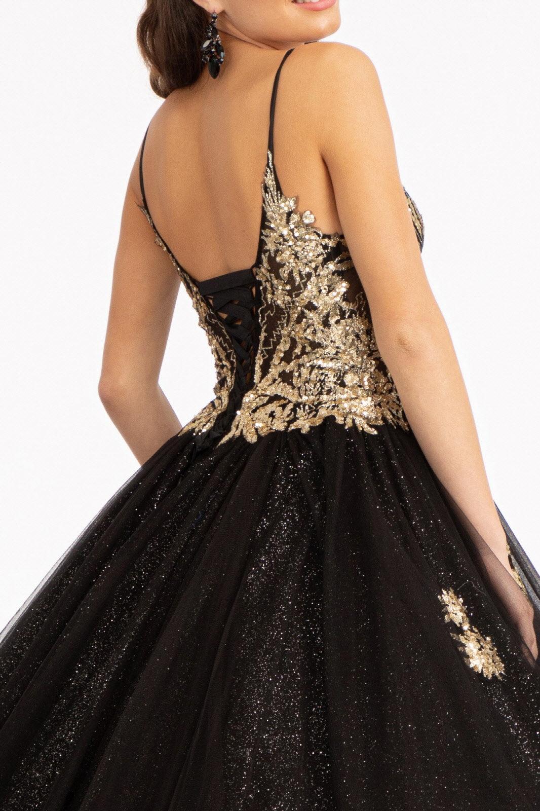 Quinceanera Long Spaghetti Strap Glitter Ball Gown