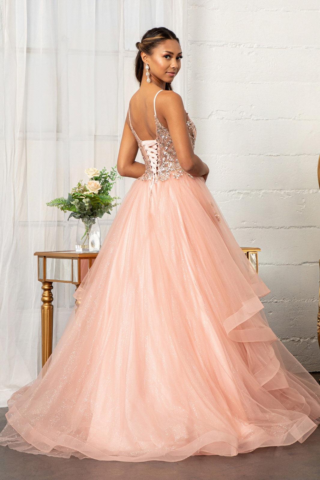 Quinceanera Long Spaghetti Strap Glitter Ball Gown