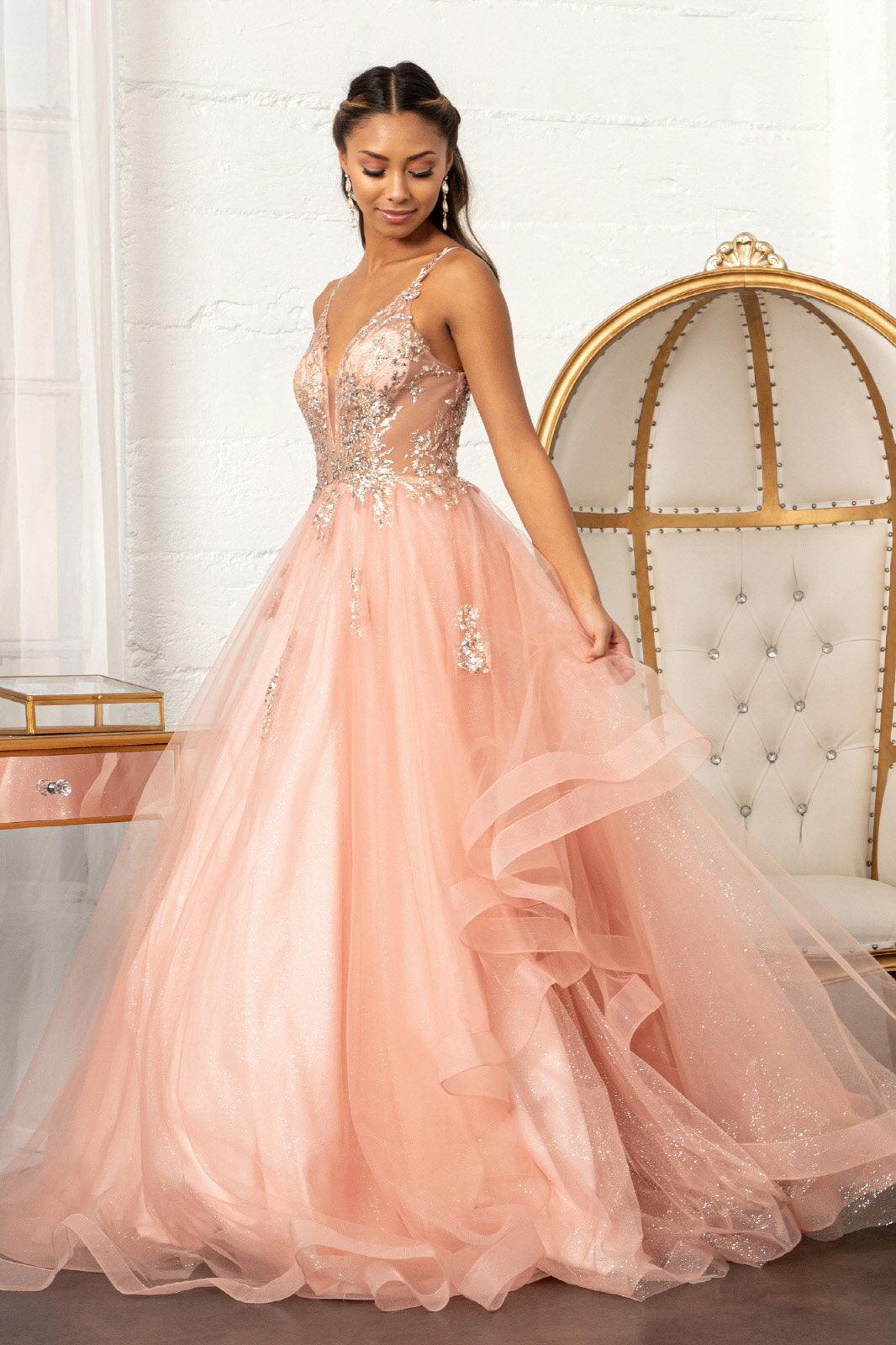 Quinceanera Long Spaghetti Strap Glitter Ball Gown