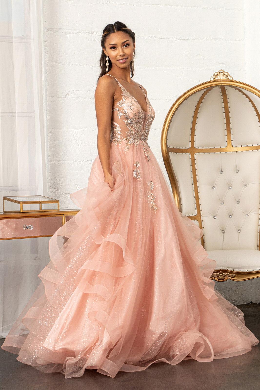 Rose Gold Quinceanera Long Spaghetti Strap Glitter Ball Gown for 506.99 The Dress Outlet