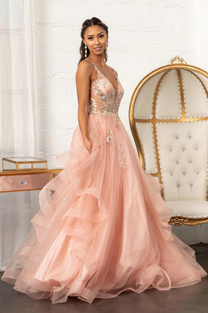 Quinceanera Long Spaghetti Strap Glitter Ball Gown - The Dress Outlet