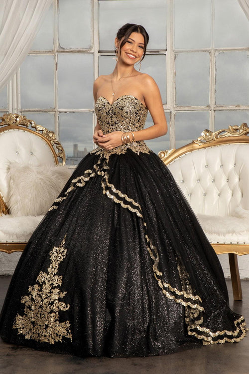 Quinceanera Long Strapless Glitter Mesh Ball Gown - The Dress Outlet