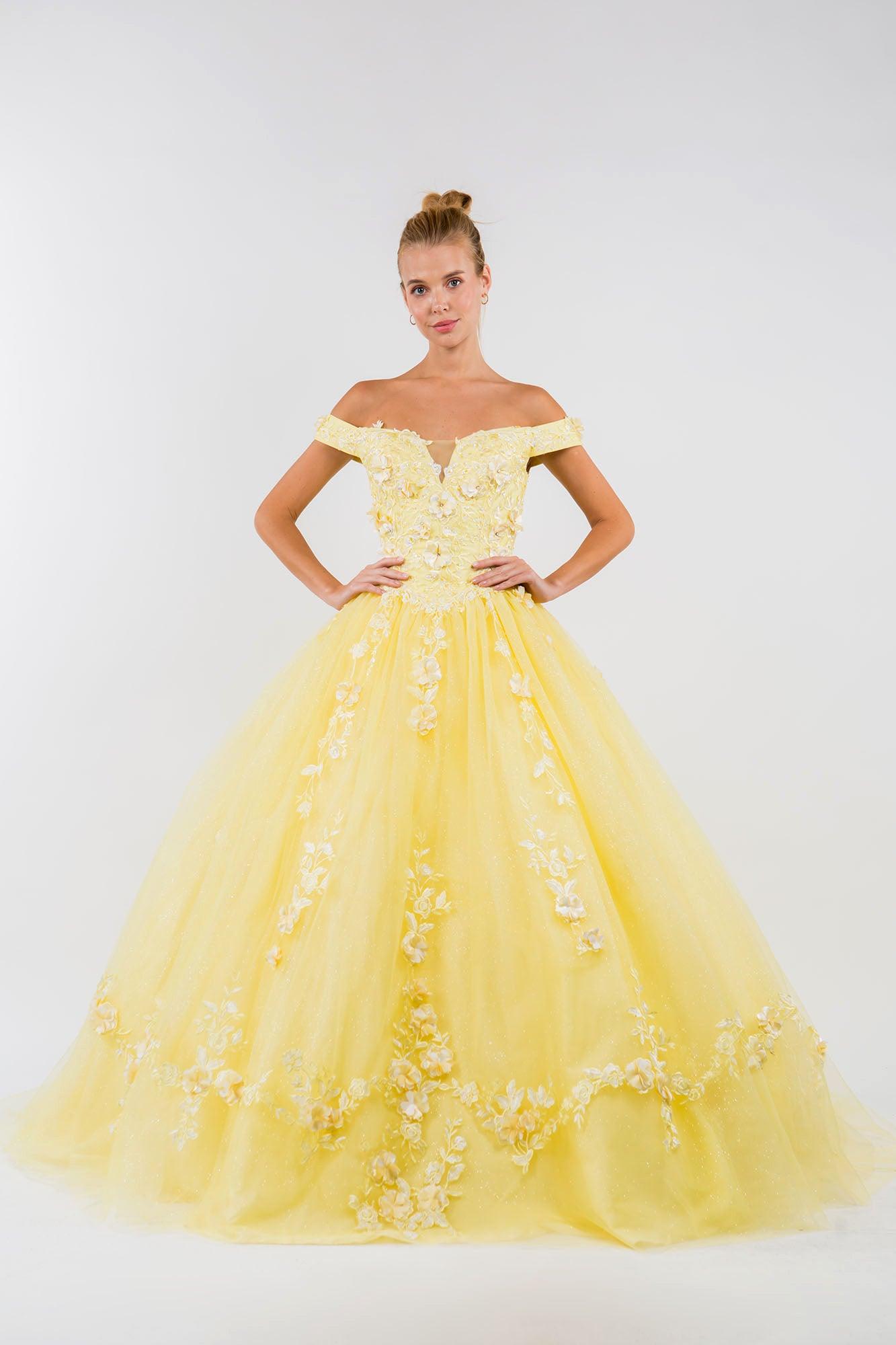 Quinceanera Off Shoulder Long Mesh Dress - The Dress Outlet