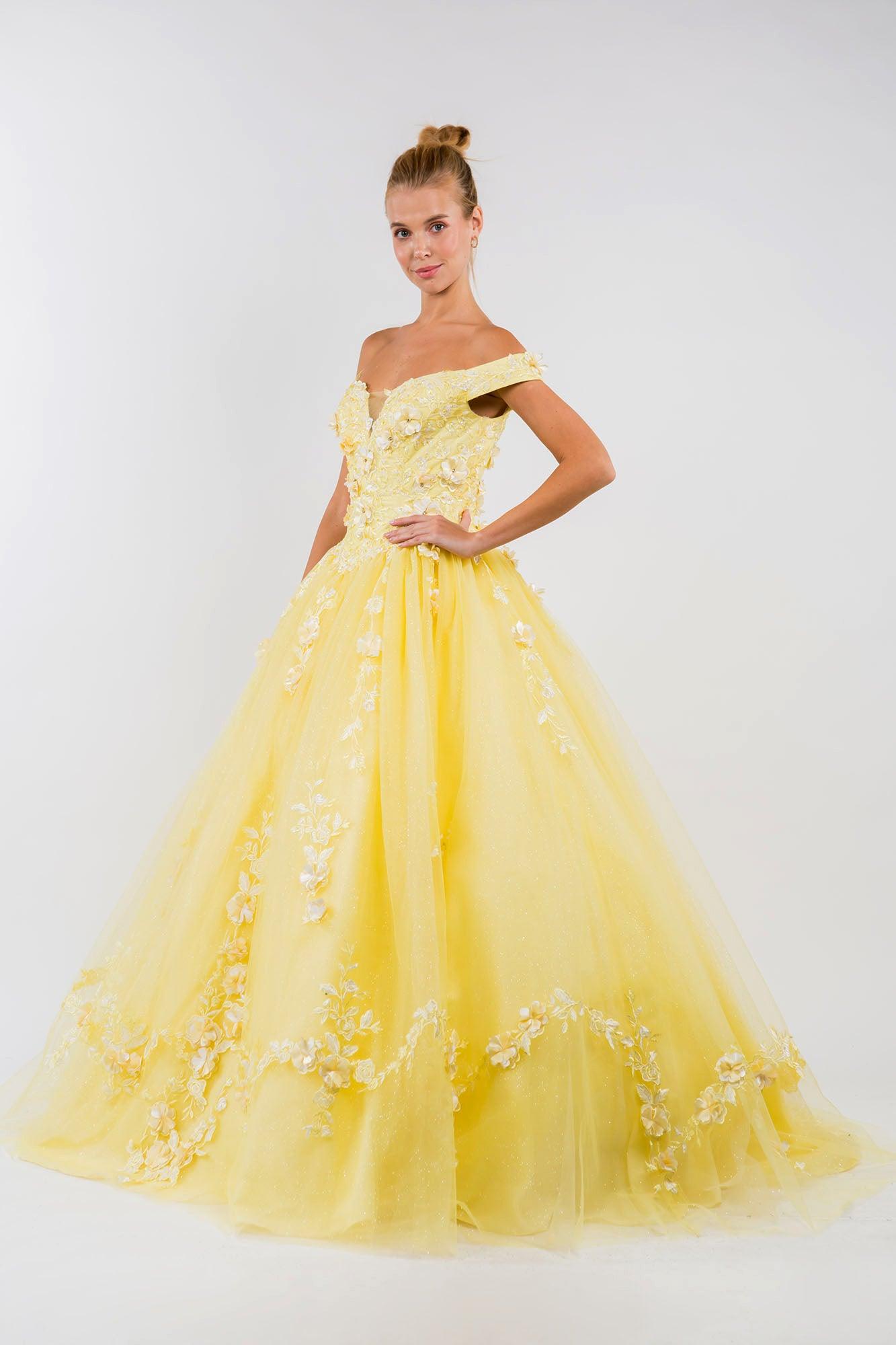 Quinceanera Off Shoulder Long Mesh Dress - The Dress Outlet