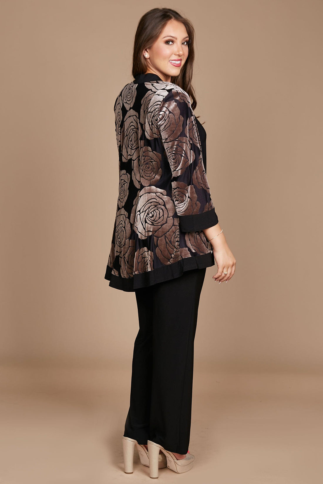 Black/Taupe R&M Richards 9017W Formal Plus Size Black Pant Suit for $89