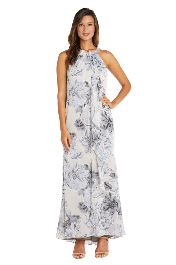 Champagne/Silver R&M Richards 9305 Long Formal Floral Chiffon Dress for $76.99 – The Dress Outlet