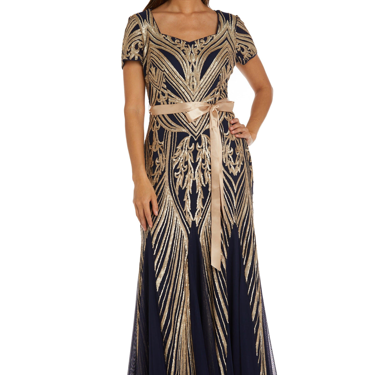 green emerald velvet dress R&M Richards 7385P Long Formal Petite Dress