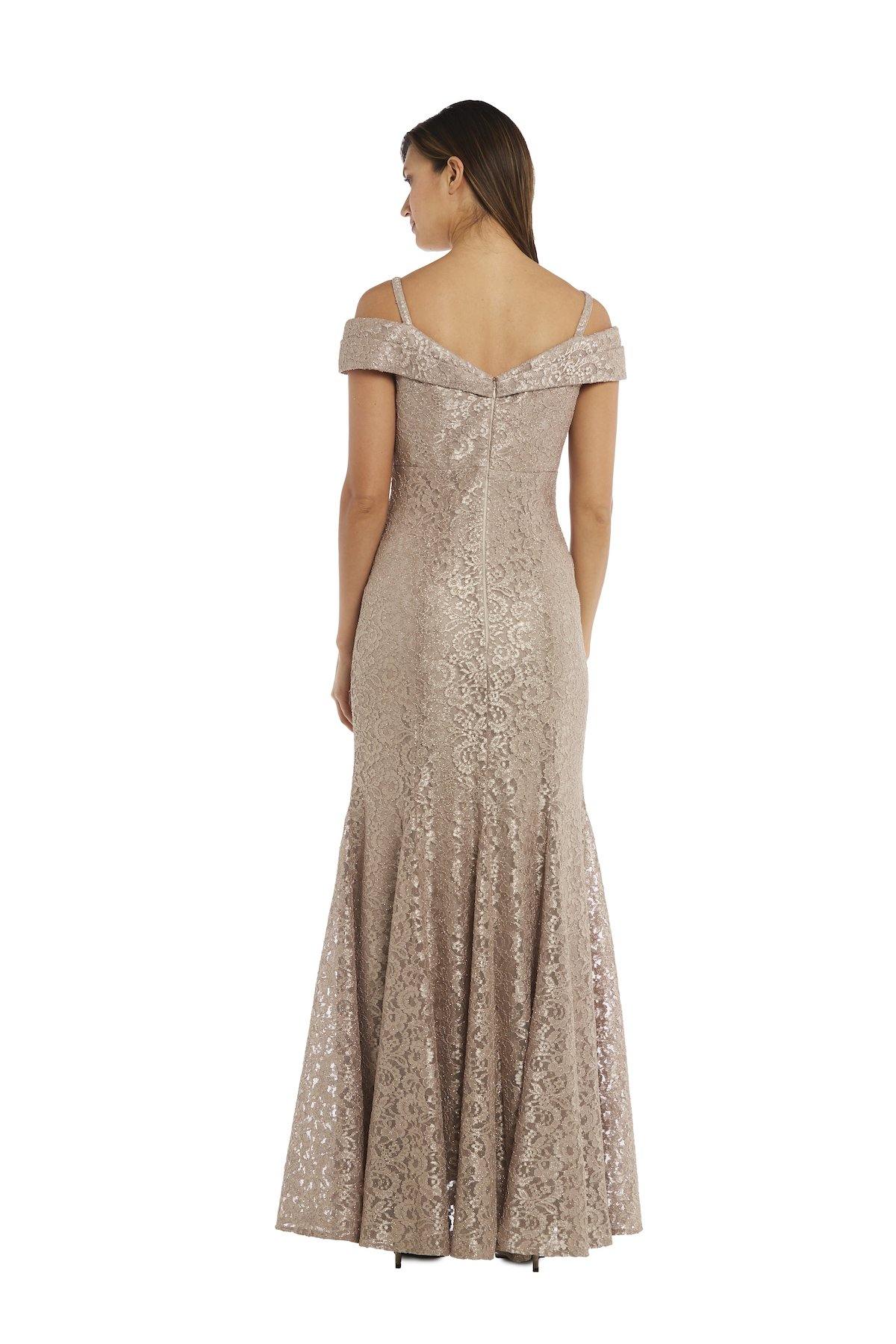 R&M Richards Long Off Shoulder Petite Lace Gown 2047P - The Dress Outlet