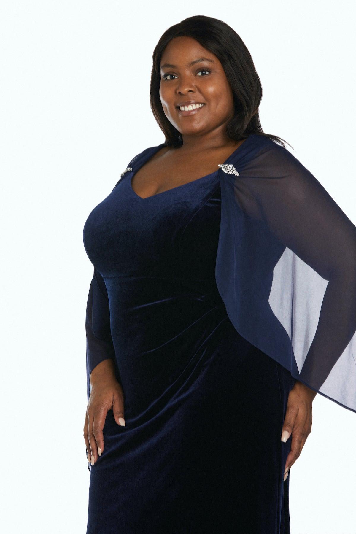 R&M Richards 2668W Long Plus Size Velvet Cape Dress