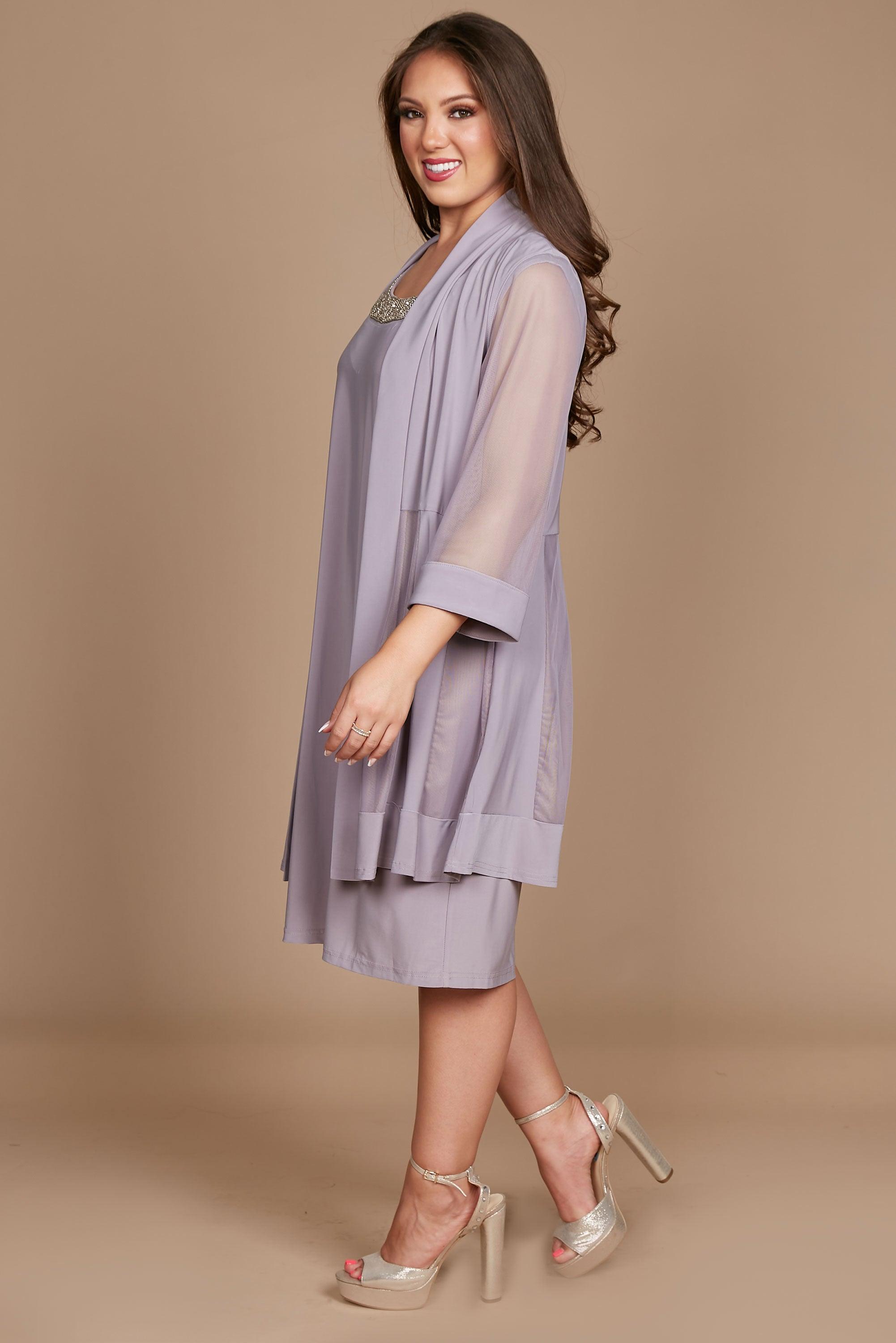 Mother of the Bride Dresses Short Beaded Petite Jacket Dress Granite