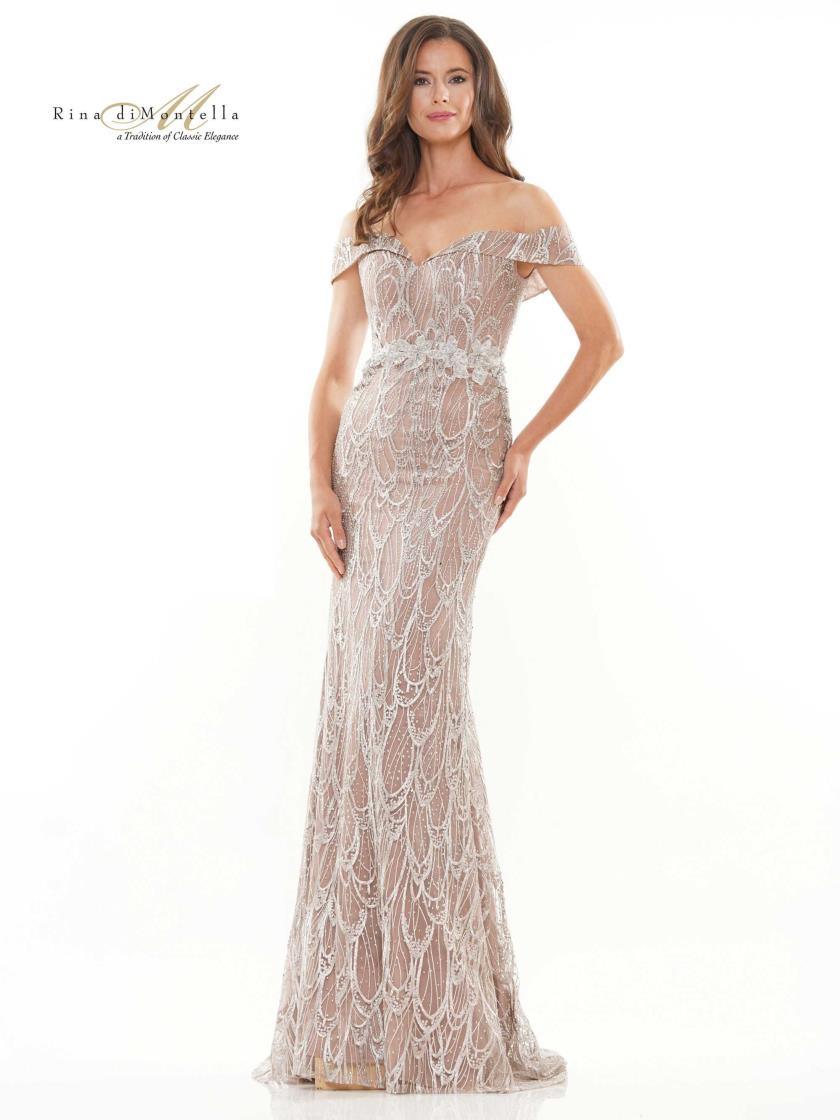 Rina di Montella Beaded Off Shoulder Long Dress 2739 - The Dress Outlet