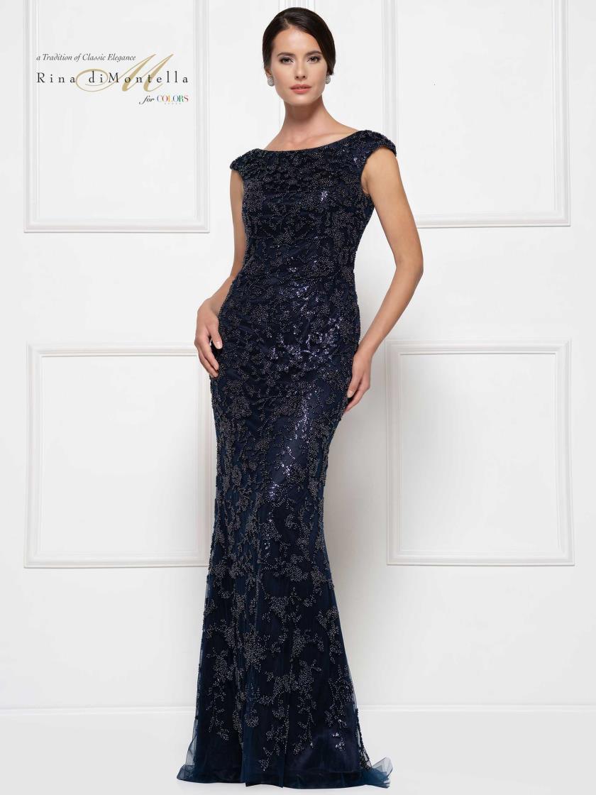 Rina di Montella Cap Sleeve Long Formal Dress 2698 - The Dress Outlet