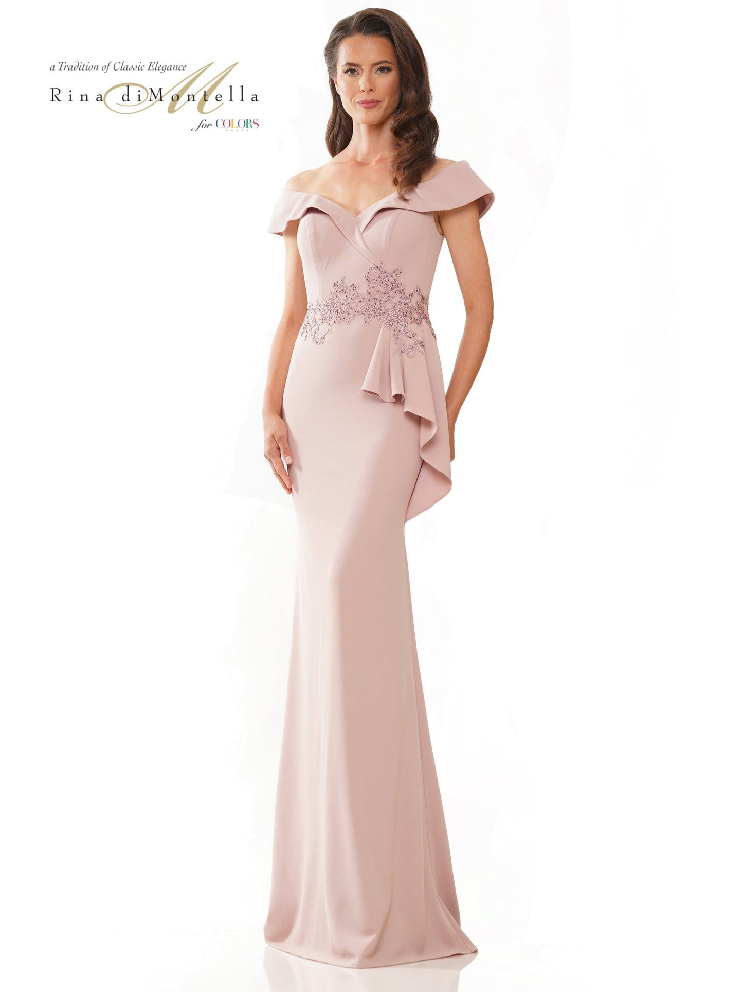 Rina di Montella Long Off Shoulder Formal Gown 2821 - The Dress Outlet