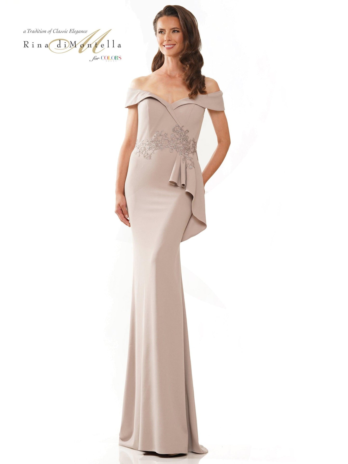 Rina di Montella Long Off Shoulder Formal Gown 2821 - The Dress Outlet