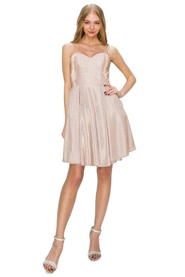 Spaghetti Strap Metallic Glitter Homecoming Dress by Cinderella Couture CC8011J - Rose Gold / M Spaghetti Strap Metallic Glitter Homecoming Dress by Cinderella Couture CC8011J - Rose Gold / M