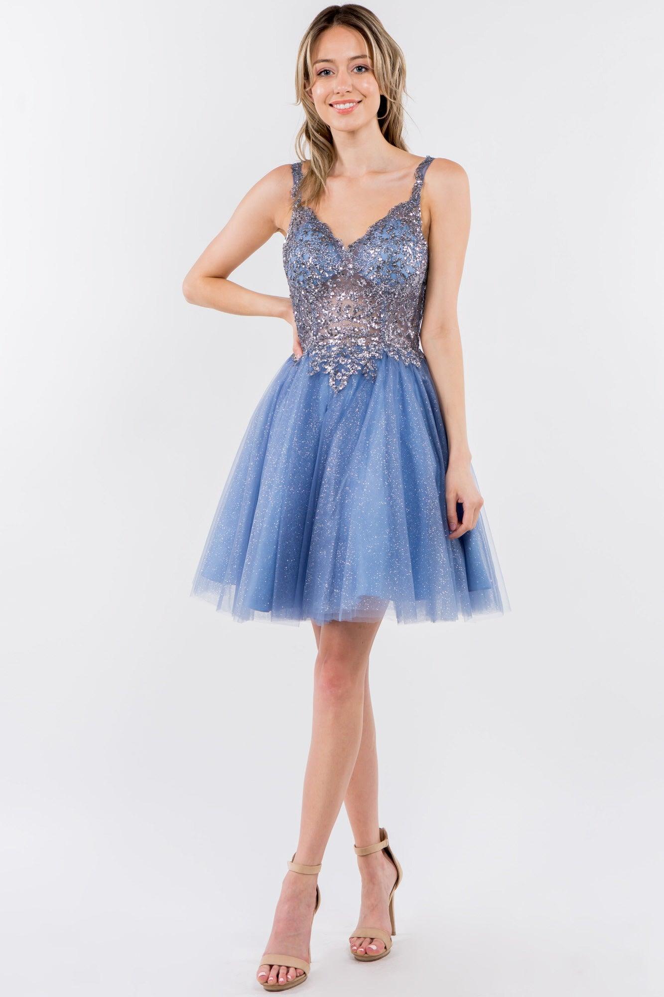 Sheer Bodice Short Homecoming Dress - The Dress Outlet