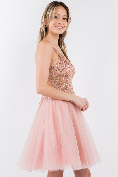 Sheer Bodice Short Homecoming Dress - The Dress Outlet