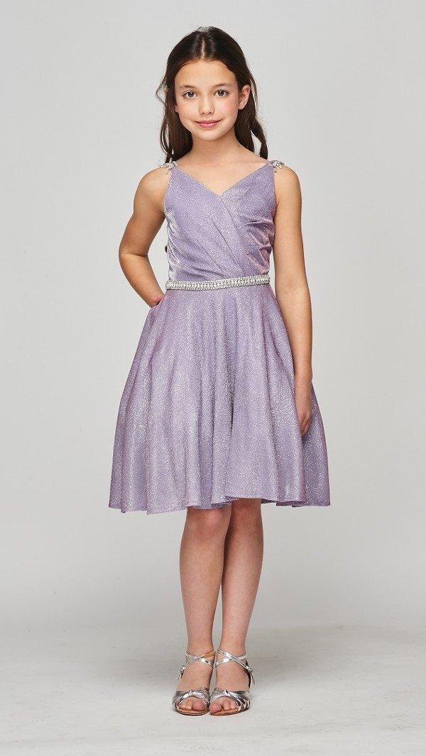 teens in short dresses Gold Metallic V Neck Overlap Pleated Flower Girl Dress Little Girls