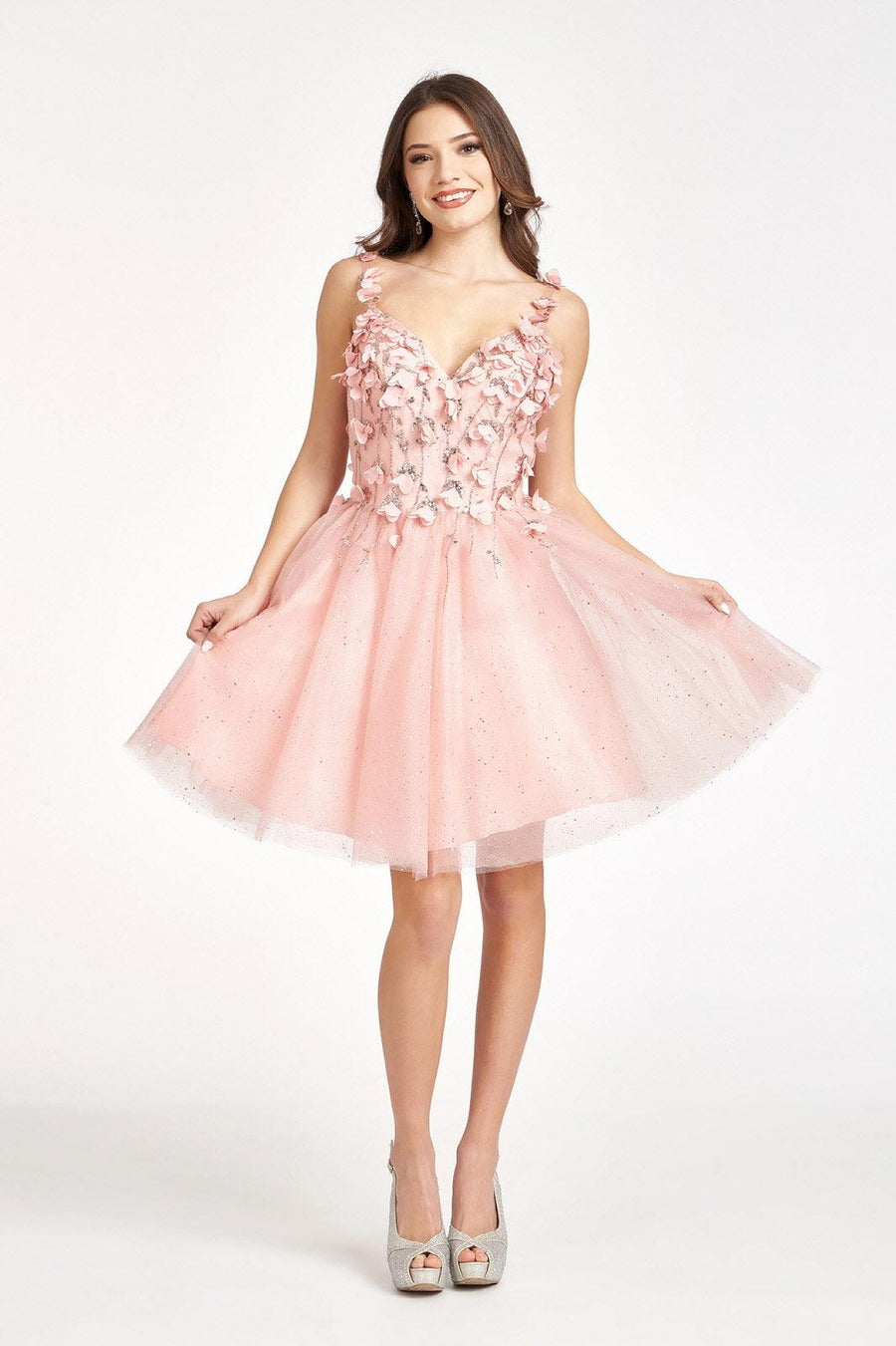 Short Cocktail Glitter Mesh Floral Homecoming Dress - Blush / XL - GLS, image size:900x1351