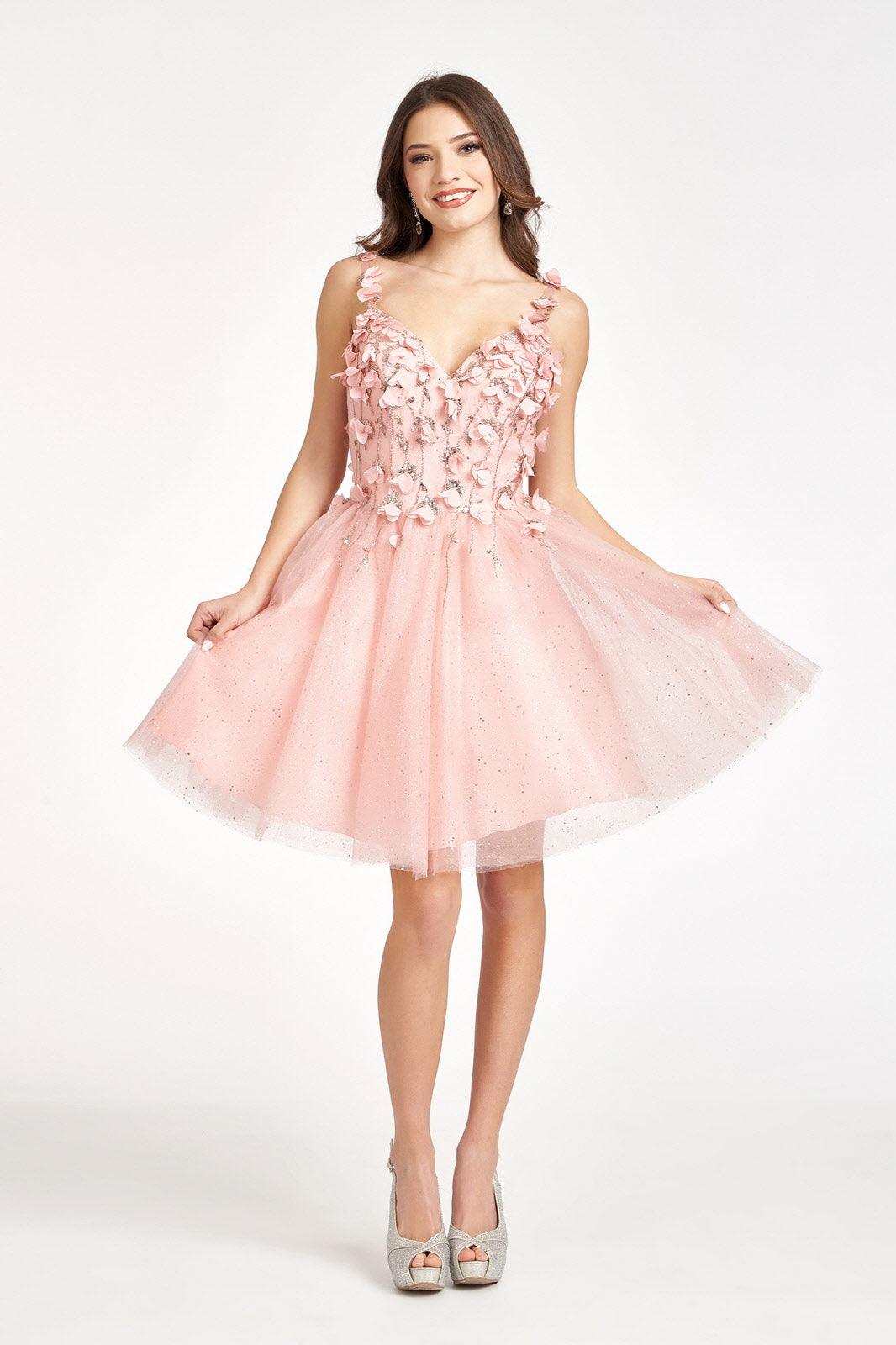 Short Cocktail Glitter Mesh Floral Homecoming Dress - Blush / XL Short Cocktail Glitter Mesh Floral Homecoming Dress - Blush / XL