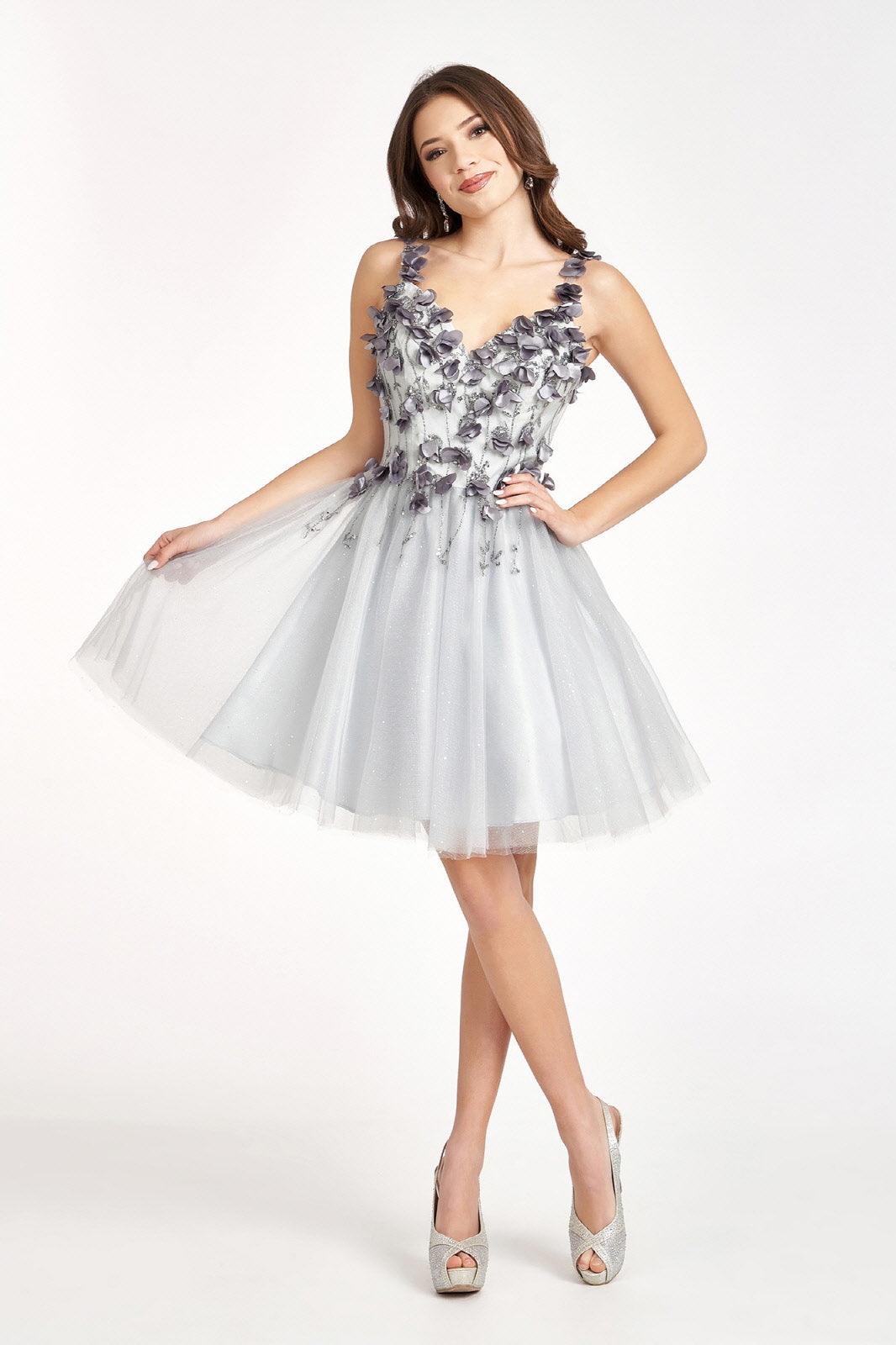 Short Cocktail Glitter Mesh Floral Homecoming Dress - The Dress Outlet