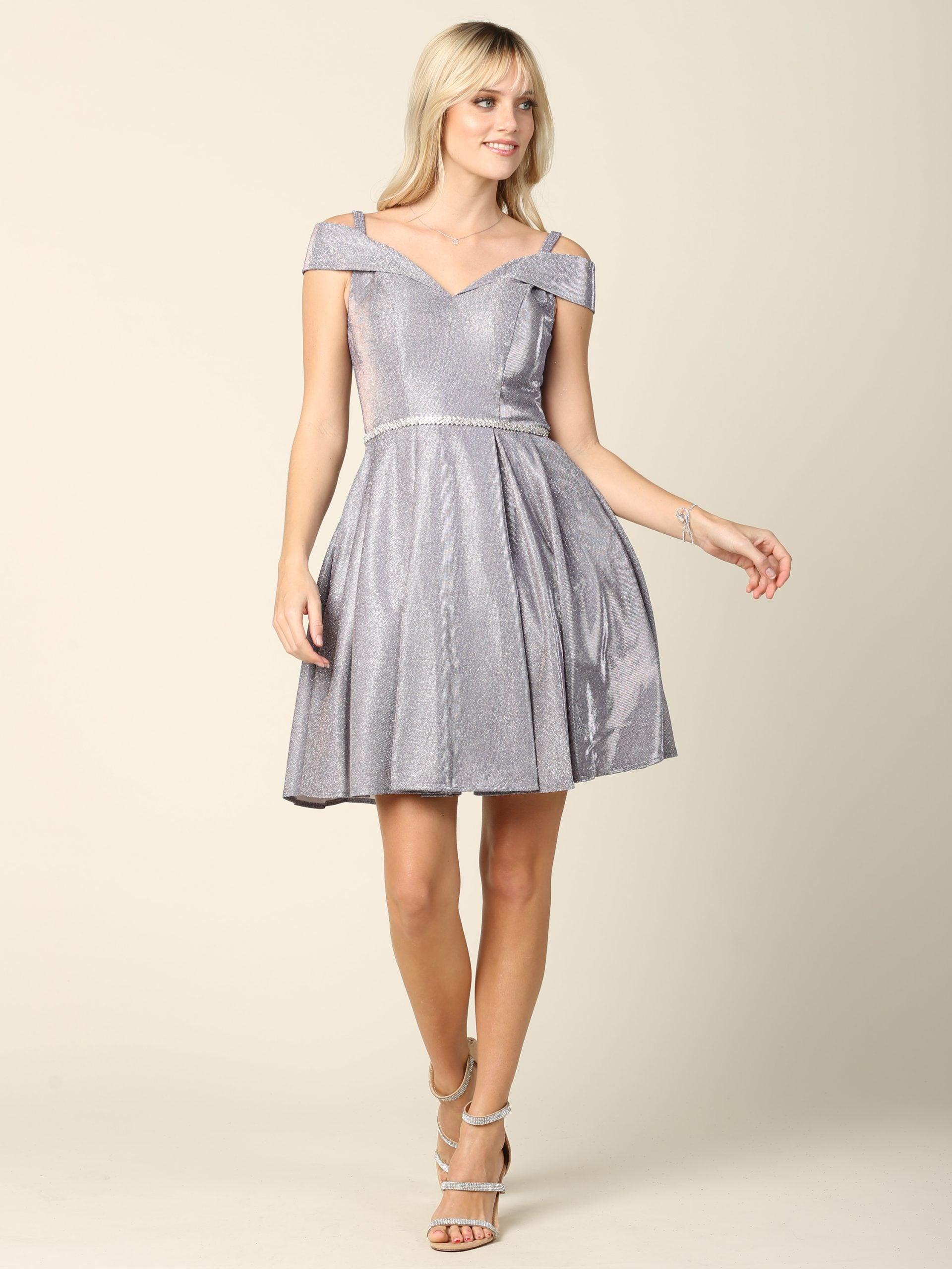 Short Cocktail Off Shoulder Glitter Prom Dress - The Dress Outlet