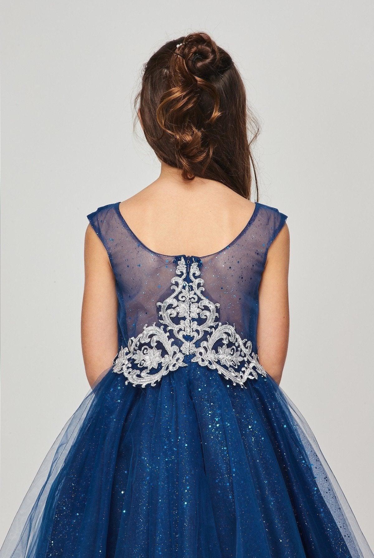 Short Metallic Lace Applique Flower Girl Dress - The Dress Outlet