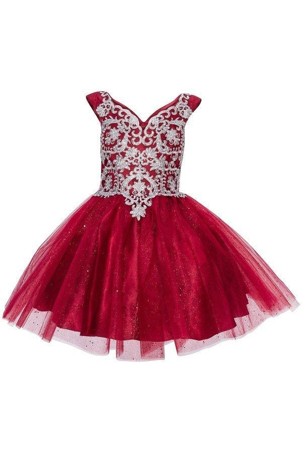 Short Metallic Lace Applique Flower Girl Dress