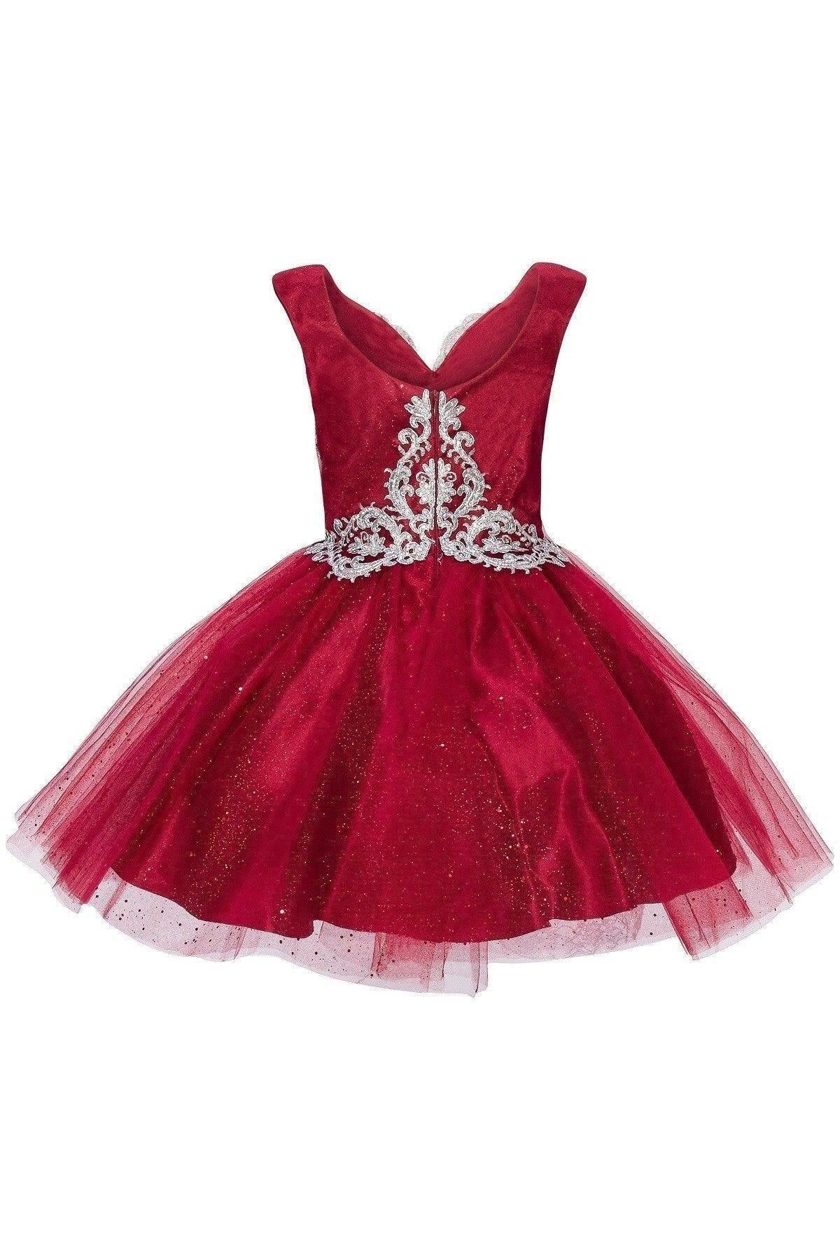 Short Metallic Lace Applique Flower Girl Dress - The Dress Outlet