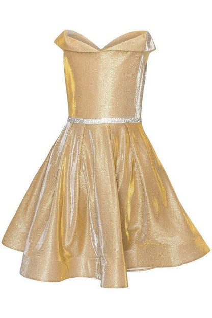 Short Metallic Off Shoulder Flower Girl  Dress - The Dress Outlet